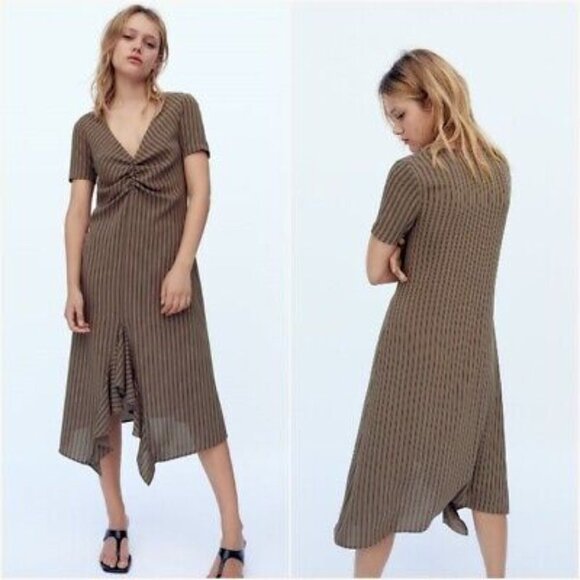 ZARA RUSHED BOHO RUFFLED SHORT SLEEVES BROWN VERTICAL STRIPED MIDI DRESS… - Picture 16 of 16